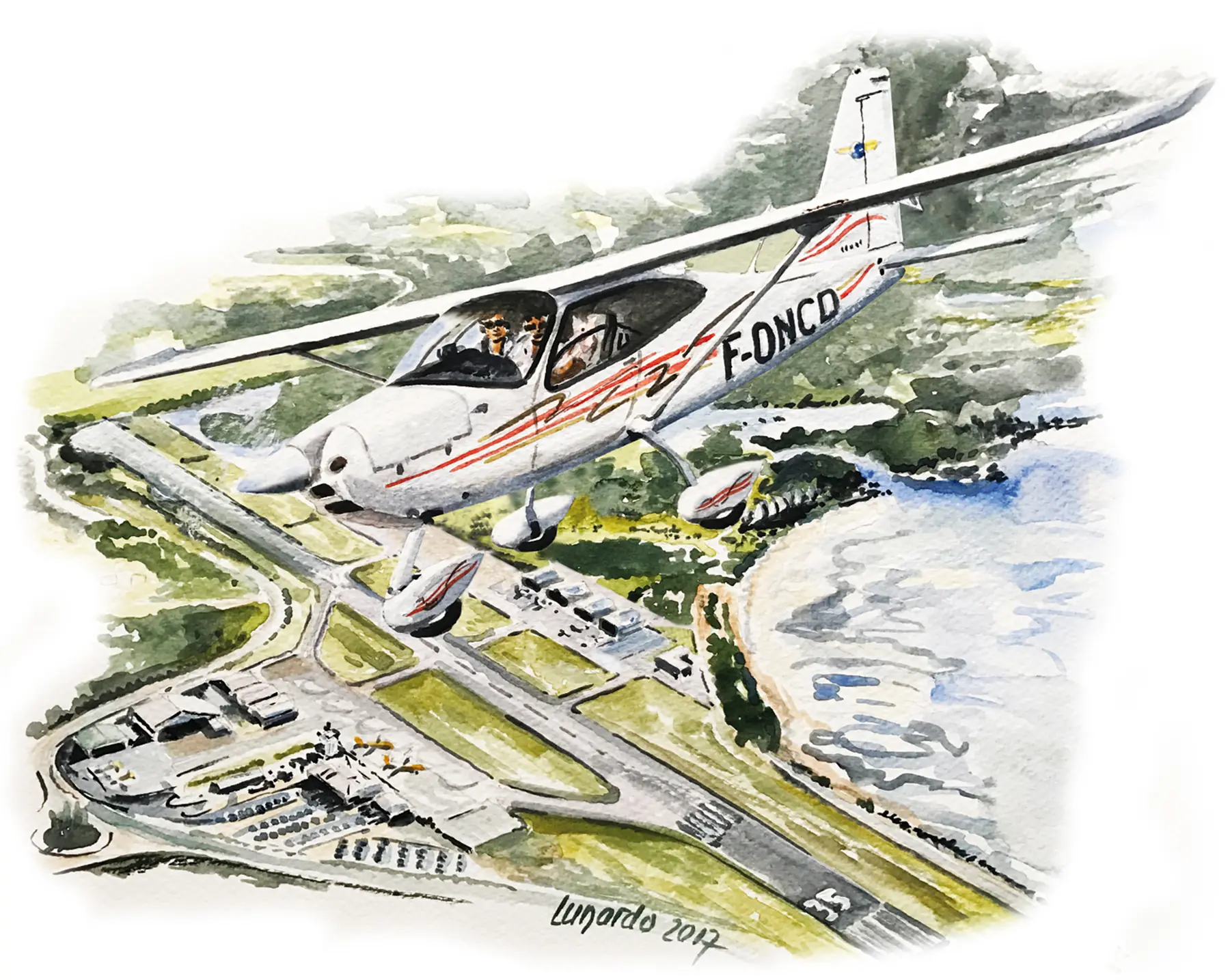 Aquarelle d'un Tecnam P2008 du club au-dessus de l'aérodrome de Magenta, Lunardo, 2017